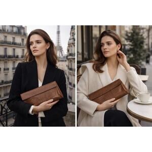 Maurizio Taiuti Genuine Leather Croc-Embossed Clutch Italy Brown Envelope Bag